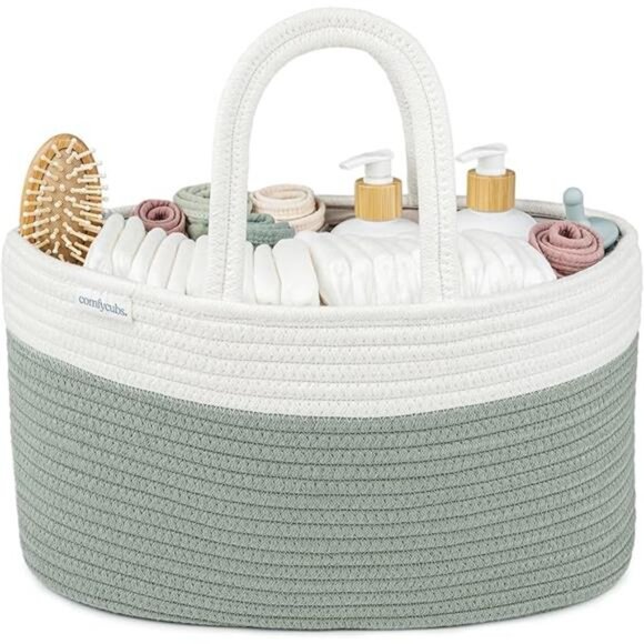 Large Baby Diaper Caddy Organizer Basket Rope Handles Nursery Storage Sage - Picture 7 of 7